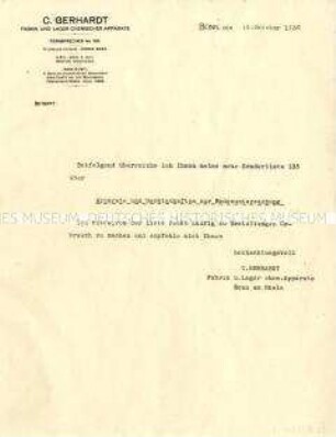 Kundenanschreiben für den Versand der Sonderliste über Apparate und Gerätschaften zur Bodenuntersuchung