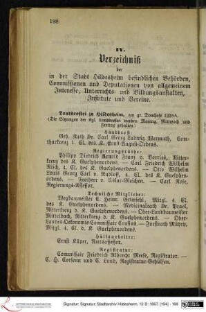 IV. Verzeichniß der in der Stadt Hildesheim befindlichen Behörden, Commissionen und Deputationen von allgemeinem Interesse, Unterrichts- und Bildungsanstalten, Institute und Vereine.