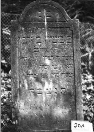 Grabstein 201 (Index: 99803268) Material: Sandstein Zustand: unten leicht verwittert Maße HxBxT: 108x55x10 cm Beschreibung: Stele mit Karniesbogen, profiliertem Rand und Giebelfeld Besonderheit: Endreim: Grabstein 201