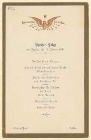 Menükarte : Menü, Restaurant des Central- Hotel