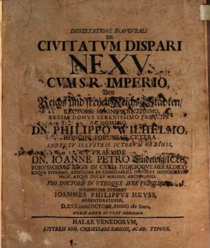 Dissertatione Inavgvrali De Civitatvm Dispari Nexv. Cvm S. R. Imperio, Von Reichs und freyen Reichs-Städten