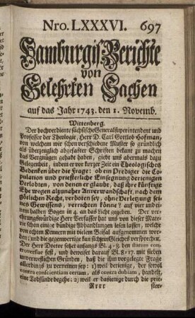 Nro. LXXXVI. auf das Jahr 1743. den 1. Novemb. - Nro. XCIV. auf das Jahr 1743. den 29. Novemb.