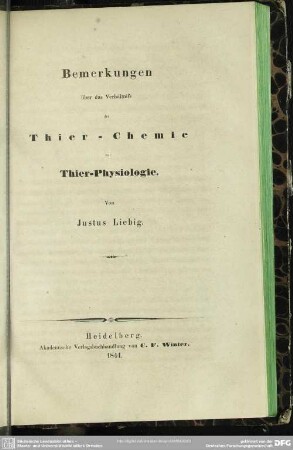 Bemerkungen über das Verhältniss der Thier-Chemie zur Thier-Physiologie