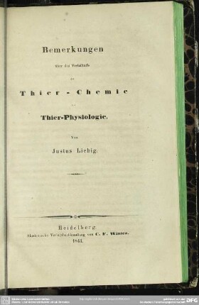 Bemerkungen über das Verhältniss der Thier-Chemie zur Thier-Physiologie
