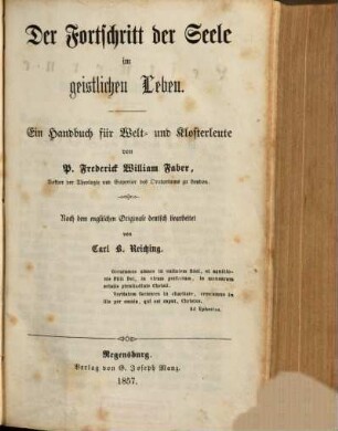 Der Fortschritt der Seele im geistlichen Leben : ein Handbuch für Welt- und Klosterleute