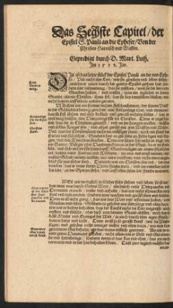 Das Sechste Capitel/ der Epistel S. Pauli an die Epheser/ Von der Christen Harnisch und Waffen.