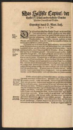 Das Sechste Capitel/ der Epistel S. Pauli an die Epheser/ Von der Christen Harnisch und Waffen.