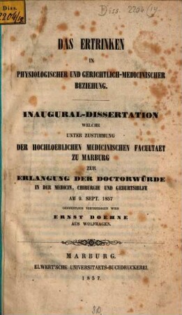 Das Ertrinken in physiologischer und gerichtlicher-medicinischer Beziehung