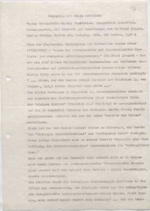 [W167]: Begegnung mit einem Aufklärer : "Justus Möser: Patriotische Phantasien. Ausgewählte Schriften." : Hrsg., mit Nachwort und Anmerkungen von Wilfried Zieger. : Verlag Philipp Reclam jun. Leipzig. 1986. 405 Seiten. 3,00 M