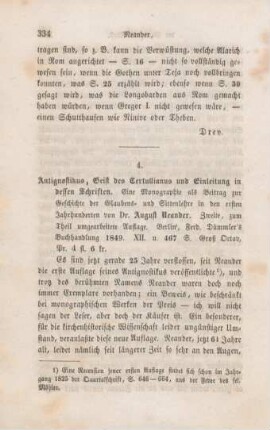 334-344 [Rezension] Neander, August, Antignostikus, Geist des Tertullianus und Einleitung in dessen Schriften