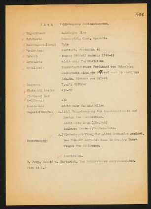 Schlosstheater Schönbrunn: Schriftstück zum Fragebogen für das Handbuch »Das Deutsche Theater«