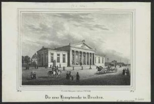 Ansicht der Neuen Wache in Dresden auf dem Theaterplatz, Lithographie, 1839 : Die neue Hauptwache in Dresden / Nach der Natur gez. u. lith. von C. W. Arldt. [Nach Plänen v. K. F. Schinkel]. - [Dresden] : [Pietzsch], [1839]. - 1 Kunstblatt : Lithogr. ; 19 x 13 cm