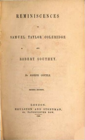 Reminiscences of Samuel Taylor Coleridge and Robert Southey