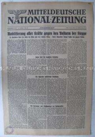 Regionale Tageszeitung "Mitteldeutsche National-Zeitung" u.a. zur Rede von Goebbels über den "totalen Krieg" im Osten