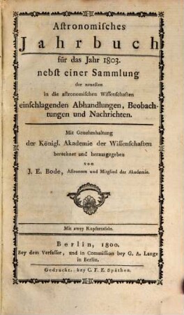 Astronomisches Jahrbuch. 1803, 1803 (1800)
