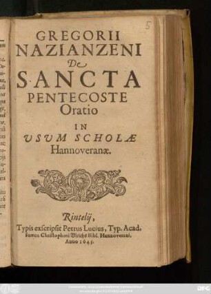 Gregorii Nazianzeni De Sancta Pentecoste Oratio In Usum Scholae Hannoveranae