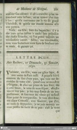 Lettre DCXIV. Aux Rochers, ce Dimanche, 15. Janvier, 1690