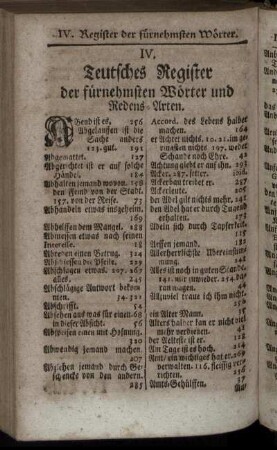 IV. Teutsches Register der fürnehmsten Wörter und Redens-Arten.