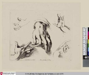 [Fünf Handstudien; Au milieu, le dessus d'une main gauche; aux quatre angles, quatre autres mains plus petites; Five studies of single hands]