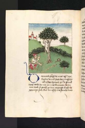 Die auf den Baum geflohene Katze, die Maus im Loch und der Jäger, der sein Netz einrollt; (Kapitel VIII: Von der Katze und der Maus).