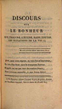 Le bonheur de l'étude : discours en vers, et autres poésies