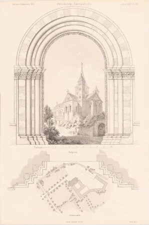 Abteikirche Knechtsteden, Dormagen: Lageplan, Perspektivische Ansicht, Detail (aus: Atlas zur Zeitschrift für Bauwesen, hrsg. v. G. Erbkam, Jg. 24, 1874)