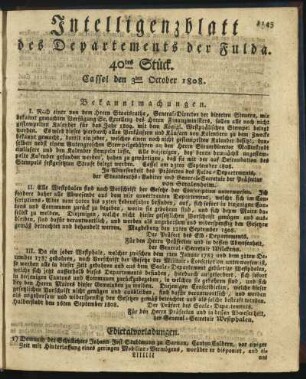 40tes Stück. Cassel den 3ten October 1808