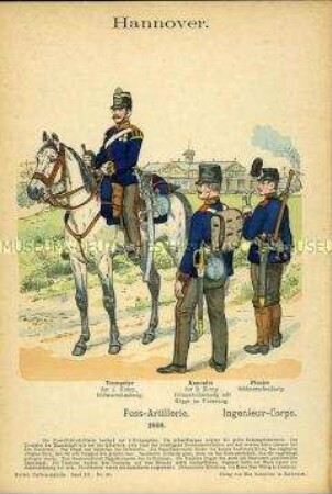 Uniformdarstellung, Trompeter und Kanonier der Artillerie zu Fuß, Pionier, Königreich Hannover, 1866.