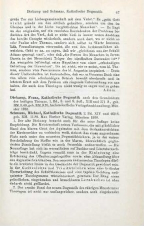 47-48 [Rezension] Diekamp, Franz, Katholische Dogmatik, 1. Bd. 8. und 9. Aufl.