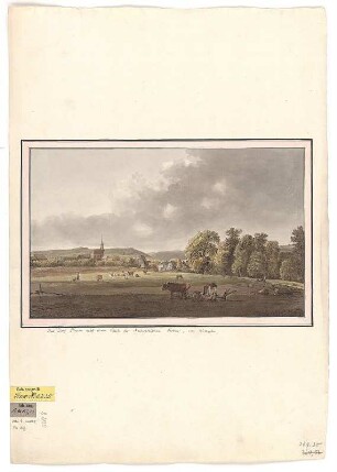 Ansicht von Plauen bei Dresden nebst einem Teil des Reisewitzischen Gartens, Kupferstich, um 1790 : Das Dorf Plauen nebst einem Theile des Reisewitzischen Gartens / Klengel fecit. - [S.l.] , [um 1790]. - 1 Kunstbl. : kolor. Kupferst. ; 33 x 20 cm
