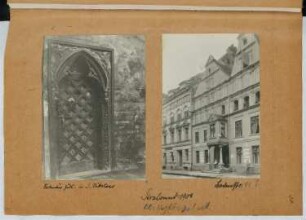 Nikolaikirche, Stralsund. Badenstraße, Stralsund: Ansicht Südportal St. Nikolai, Ansicht Badenstraße (aus: Skizzen- und Fotoalbum 25)