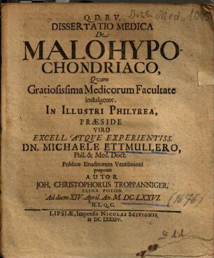 Dissertatio Medica De Malohypochondriaco