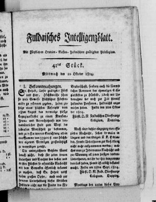 41tes Stück, Ausgabe vom 10. Oktober 1804
