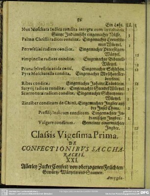 Classis Vigesima Prima. De Confectionibus Saccharaceis