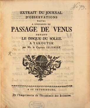 Extrait du Journal d'Observations faites à l'occasion du passage de Venus devant le disque du soleil à Yakoutsk