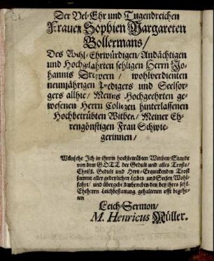 Der Vel-Ehr und Tugendreichen Frauen Sophien Margareten Bollermans [...]