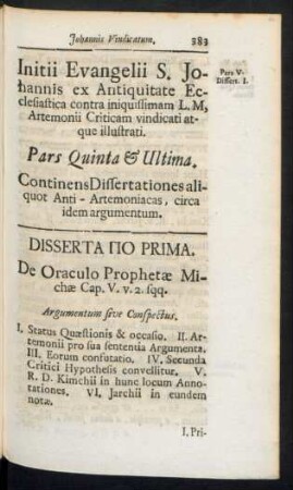 Initii Evangelii S. Johannis ex Antiquitate Ecclesiastica contra iniquissimam L.M, Artemonii Criticam vindicati atque illustrati. Pars Quinta & Ultima