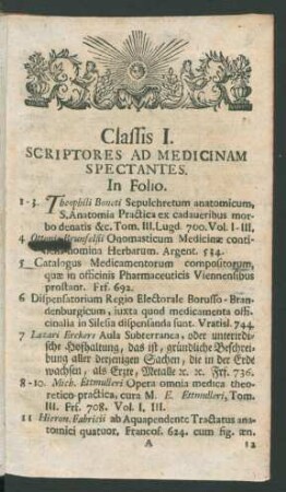 Classis I. Scriptores Ad Medicinam Spectantes.