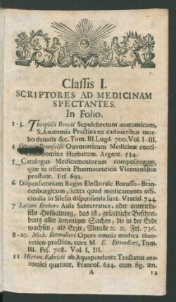 Classis I. Scriptores Ad Medicinam Spectantes.