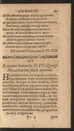 XIX. Exequiae Samuelis, D. Wolfgangi Hirschbachii, filioli infantis.