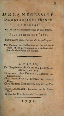 De La Necessite De Retablier En France Le Clerge, Et Les Corps Ecclesiastiques Et Religieux