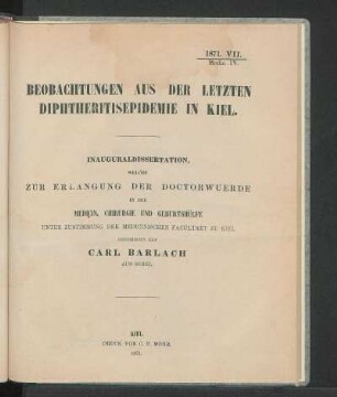 Beobachtungen Aus Der Letzten Diphtheritisepidemie in Kiel.