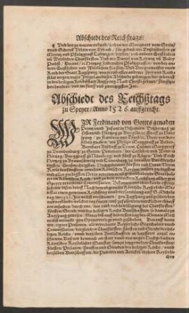 Abschiedt des Reichßtags zu Speyer/ Anno 1526. auffgericht.