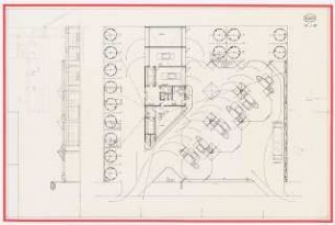 Prototyp einer Tankstelle für ESSO: Entwurf: Grundriss mit Zapfsäulen, Kassenhaus, Waschanlage, Parkplätzen sowie Ansicht