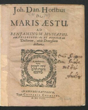 De Maris Aestu : Ad Benjaminum Mussaphiam, Philosophiae Ac Medicinae Doctorem, alias Dionysium dictum