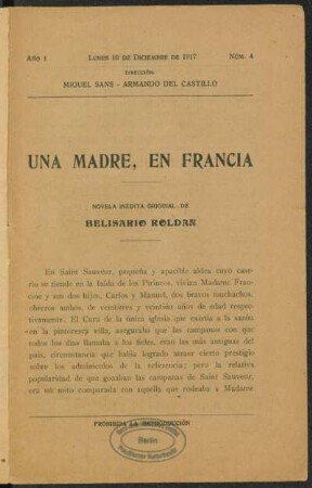 1917000104: Una madre, en Francia : novela inédita original