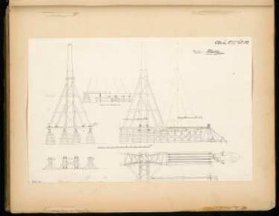 Hebegerüst Monatskonkurrenz Oktober 1877: Grundriss, Aufriss Vorderansicht, Seitenansicht Details; Maßstabsleiste
