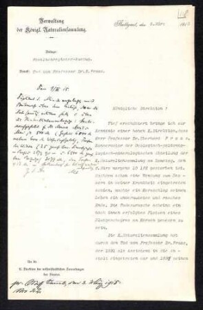 Interner Nachruf der Königlichen Naturaliensammlung zum Tod von Professor Dr. E. Fraas