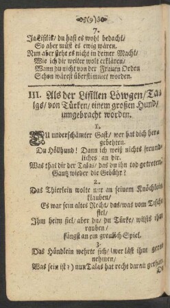 III. Als der Lisillen Löwgen/ Talas/ von Türken/ einem großen Hund/ umgebracht worden