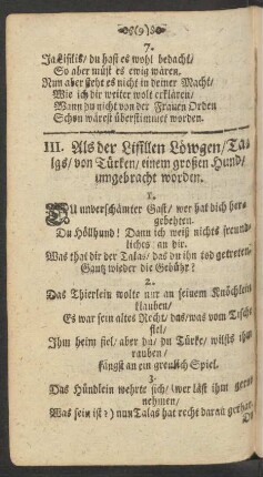 III. Als der Lisillen Löwgen/ Talas/ von Türken/ einem großen Hund/ umgebracht worden